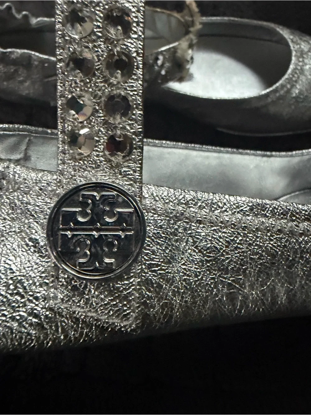 Tory Burch Silver Metallic Jeweled Ballet Flats